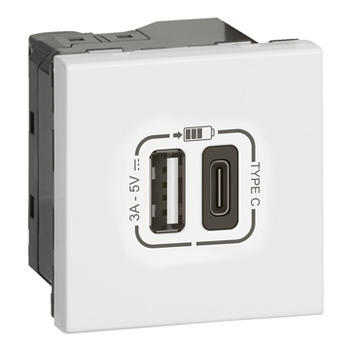 Chargeur USB Type-A + USB Type-CA 3A 15W MOSAIC Link raccordement latéral 2 modules 230V ou 5V= - blanc