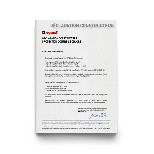 Outils Documentation professionnelle Déclaration constructeur Protection contre le chlore