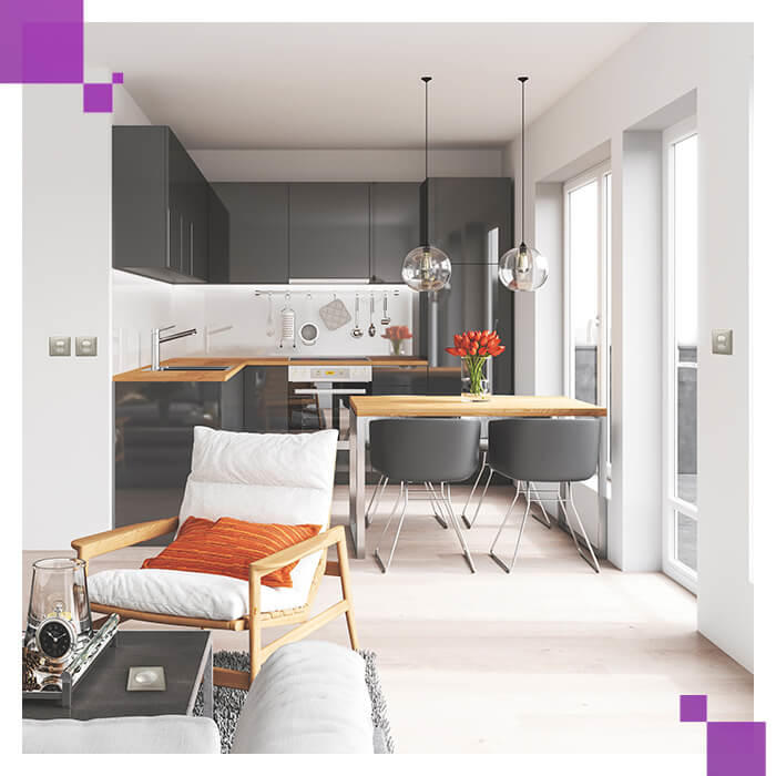 cuisine blanche ouverte chaises grises cwn px pro 700x700
