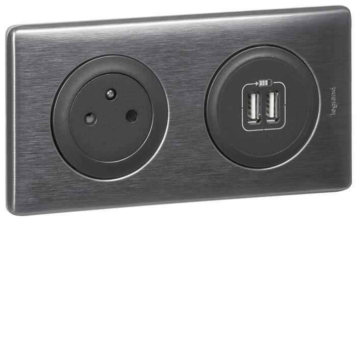 prises et double usb graphite celiane alu 700x700